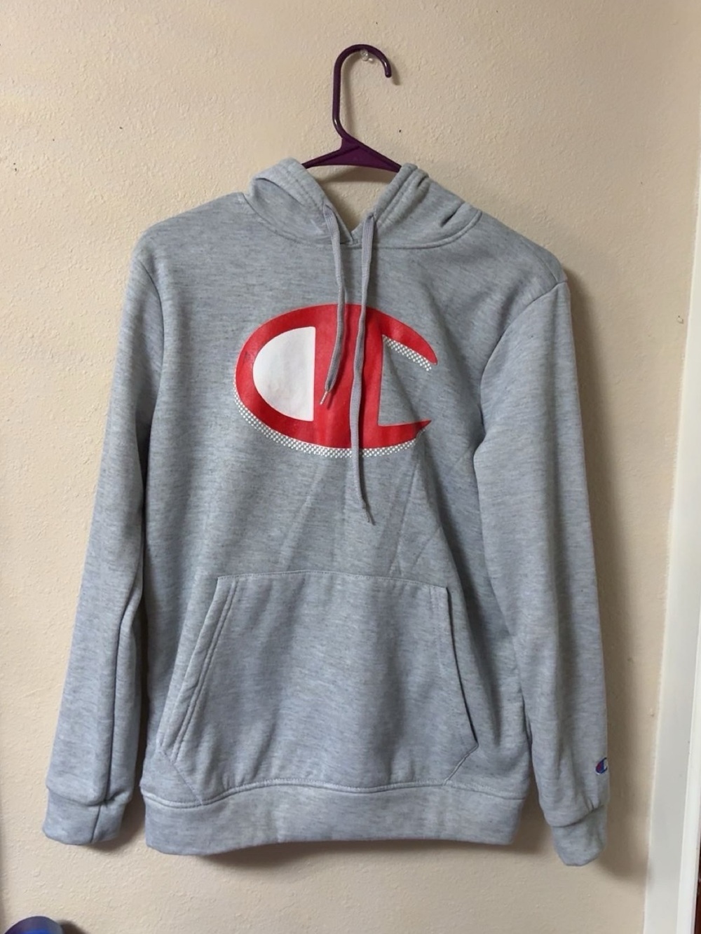 Champion Gray Hoodie with Red Logo Pullover